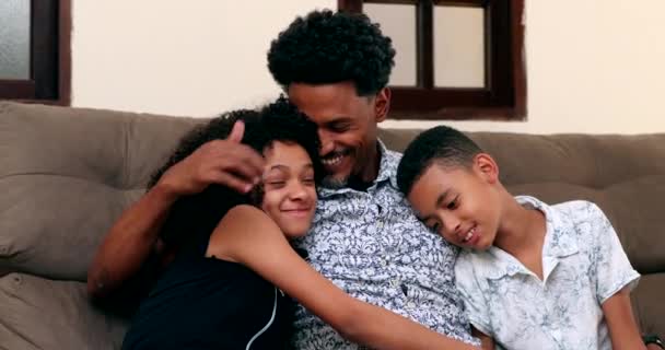 African Father Children Love Affection Brazilian Dad Hugging Son Daughter — Stock Video