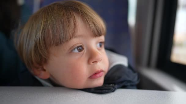 Pensive Enfant Rêvant Intérieur Train Regardant Par Fenêtre Wagon — Video