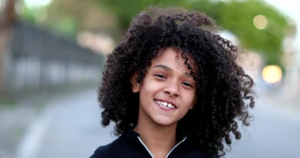 Black Preteen Girl Smiling Portrait Brazilian Mixed Race Child Curly — Stock Video