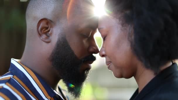 Beautiful African Couple Love Affection Lens Flare Foreheads Together — Stock Video