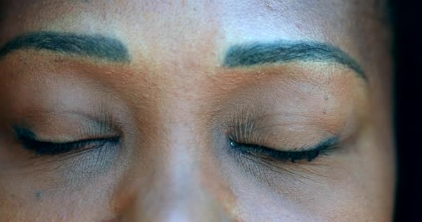 Black Woman Eyes Closed Person Opening Eye Macro Close Awakening — Stock Video