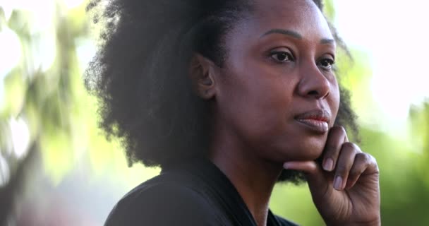 Meditative Black Woman Thinking Portrait Face Close Hand Chin — Stock Video