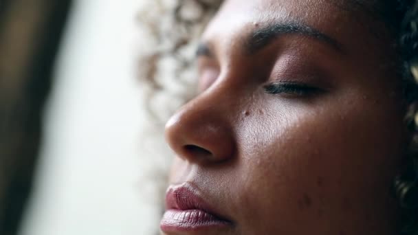 Black Woman Meditating Eyes Closed — Stockvideo
