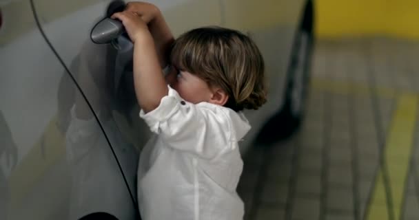 Παιδί Δεν Μπορεί Ανοίξει Την Πόρτα Του Αυτοκινήτου Την Ασφάλεια — Αρχείο Βίντεο