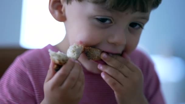 小さな男の子のパンの子供の部分を食べる子羊の食べ物を食べる — ストック動画