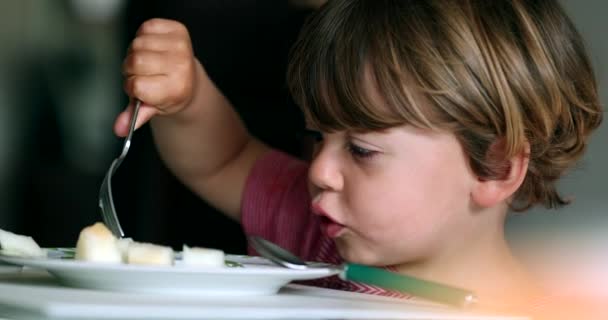 Αγοράκι Πιρούνι Τρώει Πεπόνι Παιδί Που Τρώει Υγιεινά Τρόφιμα — Αρχείο Βίντεο