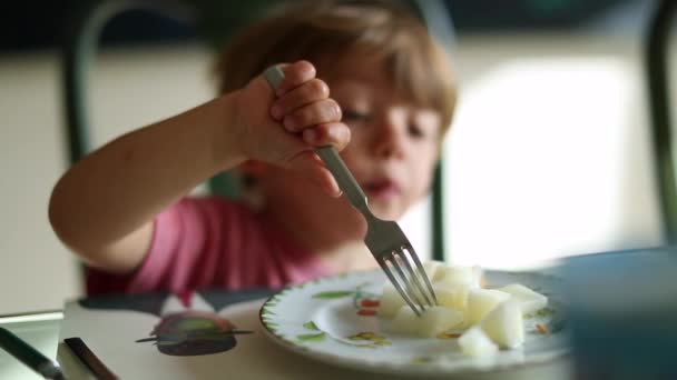 Copil Copil Care Mănâncă Furculiță Fructe Pepene Galben — Videoclip de stoc
