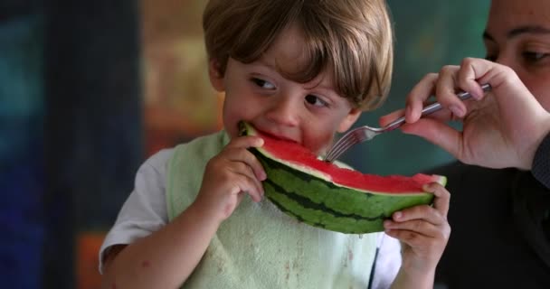 Ungen Äter Röd Vattenmelon Frukt Rörigt Barn Äter Hälsosam Mat — Stockvideo