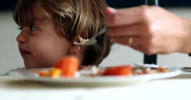 Menino Sentado Mesa Almoço Filho Alimentando Mãe — Vídeo de Stock