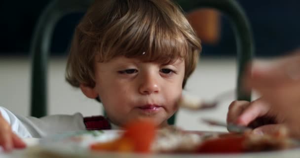 Kleiner Junge Mittagstisch Eltern Füttern Kleinkind Mit Essen — Stockvideo