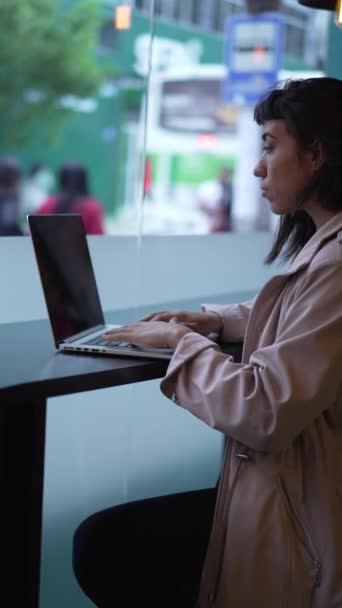 Mujer Hispana Joven Concentrada Usando Laptop Trabajando Remotamente Por Ventana — Vídeos de Stock