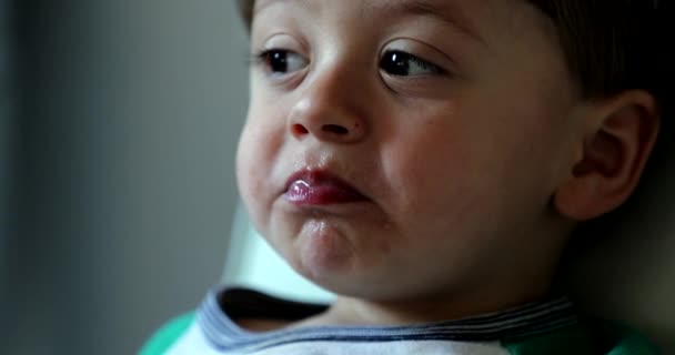 幼児の男の子はリンゴを食べる 健康的なフルーツスナックを一口飲んでいる子供 — ストック動画