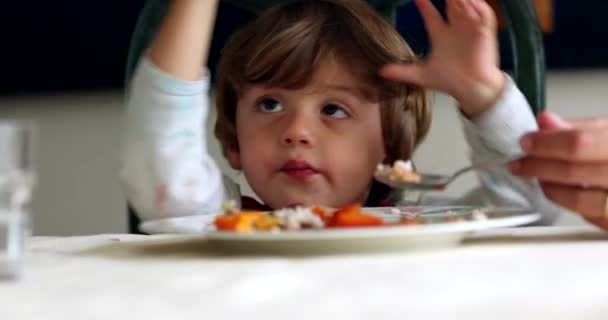 Dítě Otírá Ruku Ubrouskem Malý Chlapec Obědě Čistí Ruční Ubrousky — Stock video