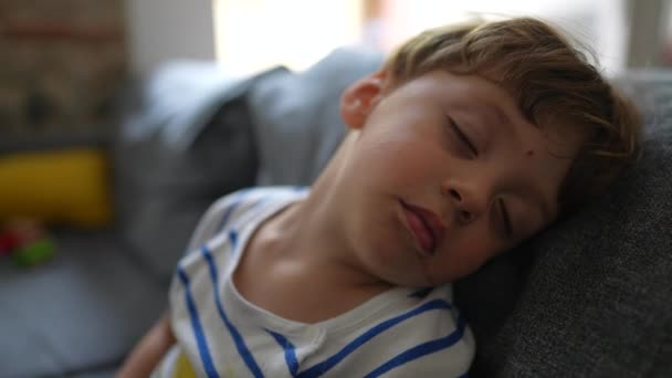 Μικρό Αγόρι Κοιμάται Στον Καναπέ Απόγευμα Παιδί Κοιμάται — Αρχείο Βίντεο