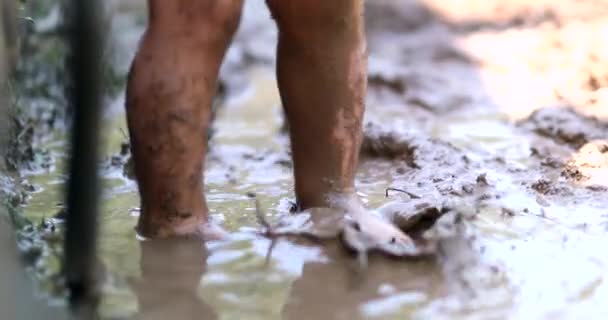 赤ん坊の足は泥の中に飛び込む ぬれた泥の中に立つ子供の足 — ストック動画