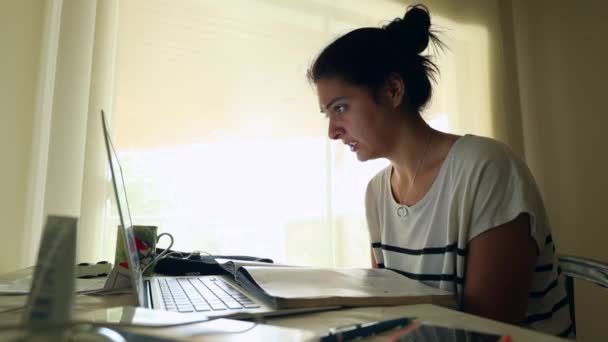 Young Woman Studying Home Exam Person Open Book Computer Laptop — Stock Video