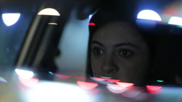 Woman Driving Night Seen Rear View Mirror — 图库视频影像