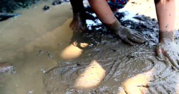 Close Hands Playing Dirt Mud — Stock Video