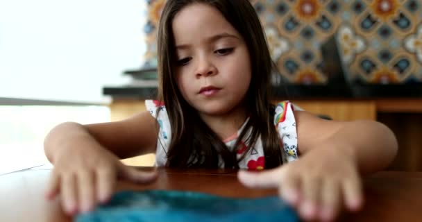 Child Playing Slimy Plasticine Creative Girl Blue Slime — Stock Video