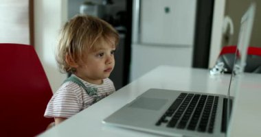 Küçük çocuk dizüstü bilgisayara bakıyor ve medyayı izliyor. Bebek çizgi film izliyor.