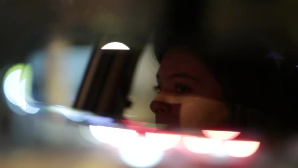 Woman Driving Night Seen Rear View Mirror — Stok video