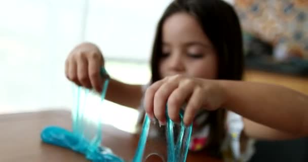 Child Hands Playing Slimy Plasticine Kid Hand Plays Sticky Elastic — Stock Video