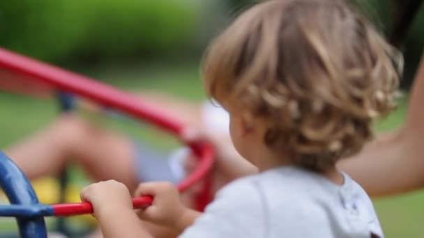 Дети Сидящие Карусели Детской Площадке Парке — стоковое видео