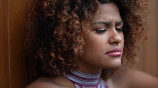 Worried Pensive Black Brazilian Woman Preoccupied Expression — Stock Video