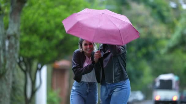 Friends Sharing Umbrella Together Rainy Day — Stock Video
