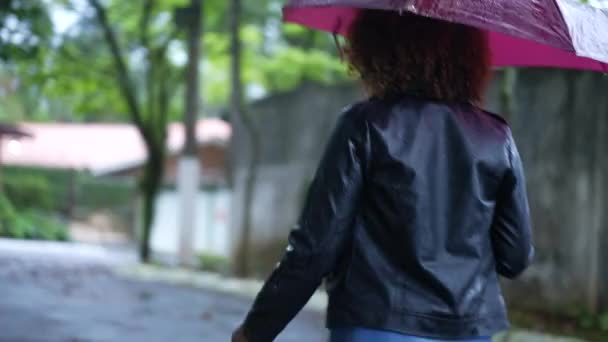 Costas Pessoa Andando Chuva Segurando Guarda Chuva Para Cobrir — Vídeo de Stock