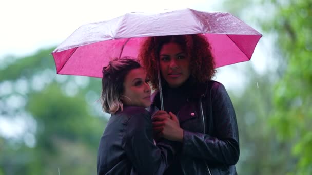 Два Разных Друга Зонтиком Дождем Ждут Такси — стоковое видео