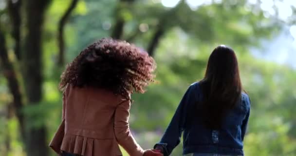 Zurück Von Zwei Freundinnen Die Zusammen Draußen Auf Der Straße — Stockvideo