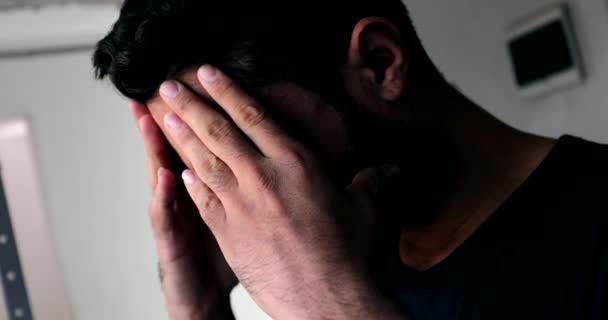 Stressed Hispanic Man Rubbing Face Hand Feeling Tired — Stock Video