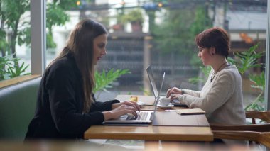 Laptop bilgisayarlarının önünde kahve dükkanında oturan iki genç kadın. Kafedeki teknolojik cihazların önünde çalışan ya da uzaktan çalışan insanlar.