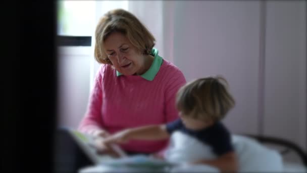 Boldog Nagymama Mesét Olvas Unokájának Őszinte Nagymama Esti Mesét Mesél — Stock videók