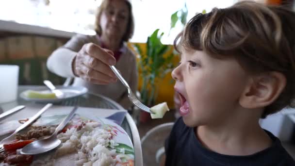 Liten Pojke Äter Lunch Mormor Matar Barnbarn Med Mat Begreppet — Stockvideo