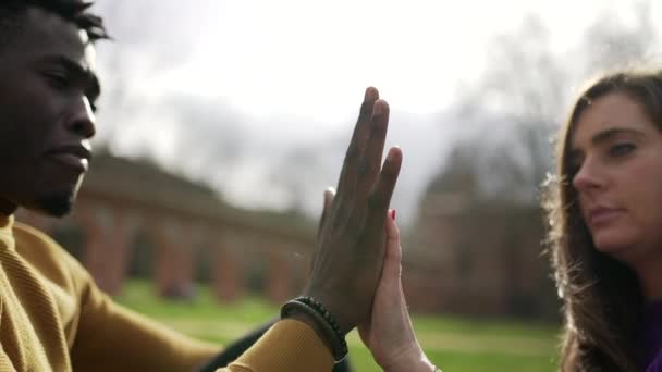 異人種間のカップルが手を携えて 多様性組合 — ストック動画