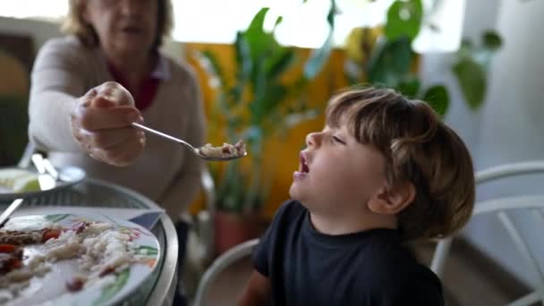 Mały Chłopiec Otwierający Usta Jedzący Jedzenie Dziadek Karmi Wnuka Obiadem — Wideo stockowe