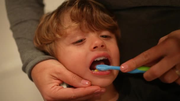 Matka Myje Zęby Szczoteczką Zębów Zbliżenie Mały Chłopiec Usta Twarz — Wideo stockowe