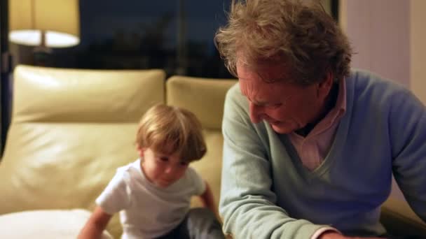 爷爷和孙子晚上在客厅沙发上的关系 孙子和爷爷在沙发上玩耍 — 图库视频影像