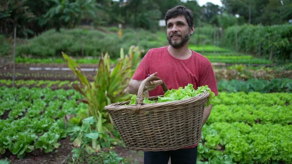 Young Farmer Carrying Organic Lettuces Basket Man Carries Organic Food — Fotografia de Stock