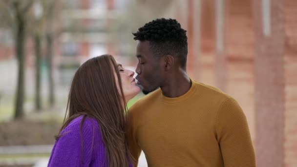 Młody Międzyrasowy Para Całowanie Trzymając Ręce Chodzenie Zewnątrz Razem — Wideo stockowe