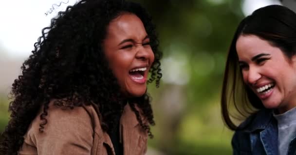 Два Друга Смеются Вместе Откровенные Разнообразные Молодые Женщины Реальной Жизни — стоковое видео