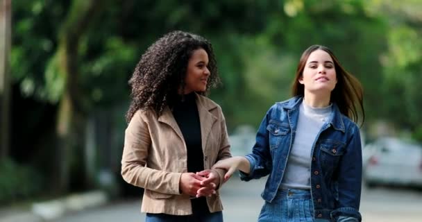 Deux Jeunes Femmes Diverses Bavardant Conversation Extérieur — Video