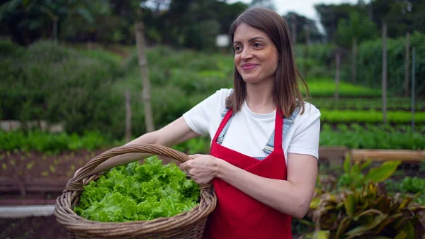 Happy Woman Standing Small Farm Holding Basket Organic Lettuces Female — Fotografia de Stock