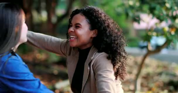 两个热情的女人在公园外拥抱 快乐的朋友团聚 — 图库视频影像