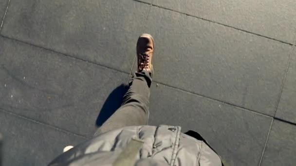 Pov Person Walking City Boots — стоковое видео