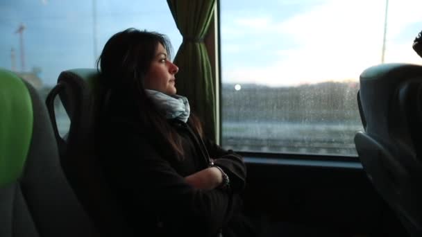 風景が通り過ぎる間 窓の外を見てバスで旅をする候補者の女性 本物の現実の旅客道路上の旅は眠りに落ちる — ストック動画