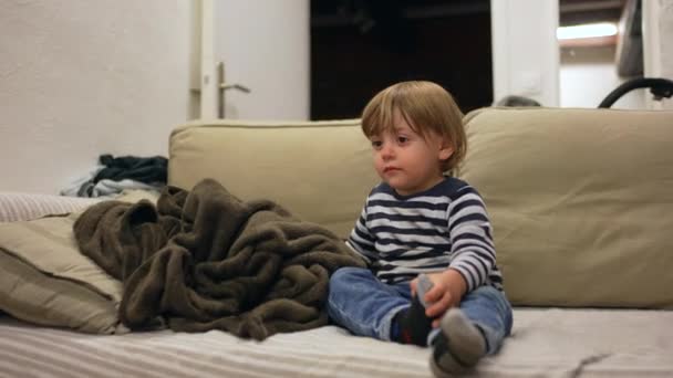 Bébé Blond Tout Petit Assis Sur Canapé Regarder Bande Dessinée — Video