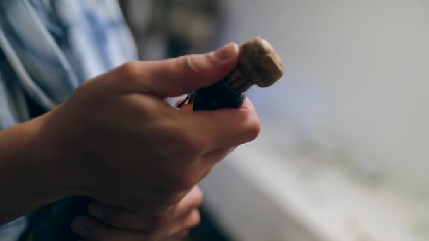 Close Hands Pushing Champagne Cork Woman Opens Bottle Champagne — Stock Video